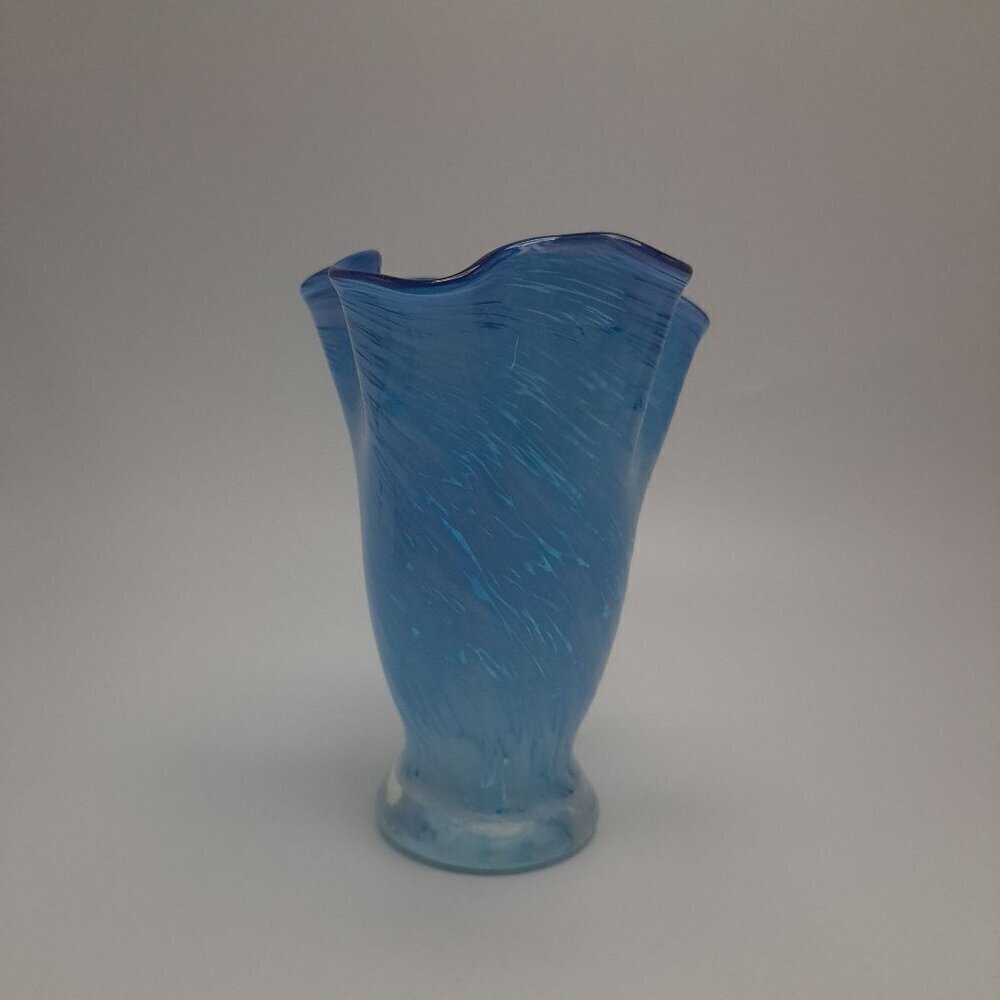 Vintage Blown Glass Swung Ruffled Blue Vase